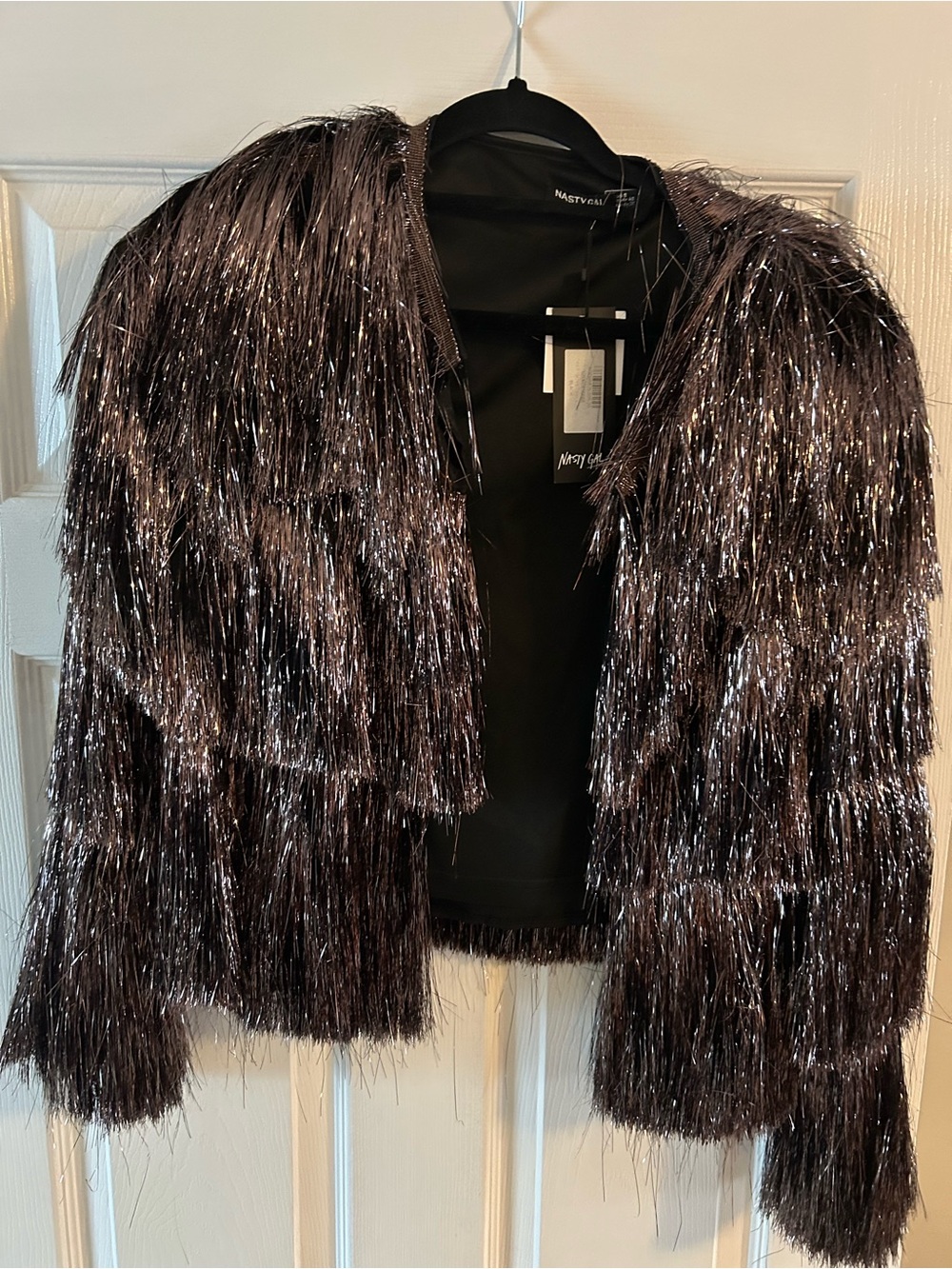 Nasty Gal Black Shaggy Tinsel Fringe Jacket